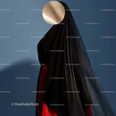 Elegant Black Veil and Red Dress in Abstract Composition