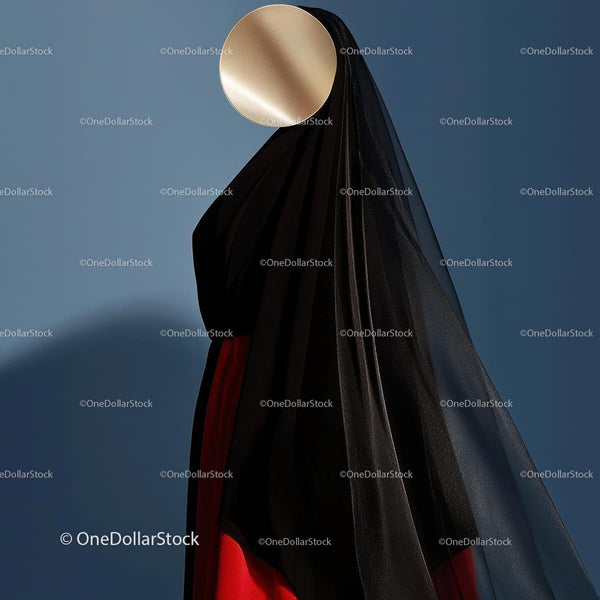 Elegant Black Veil and Red Dress in Abstract Composition