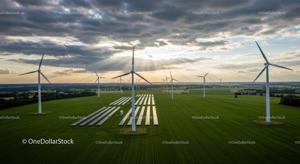 Turbiny wiatrowe i panele słoneczne na zielonym polu