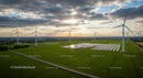 Wind Turbines and Solar Panels on Green Field at Dusk