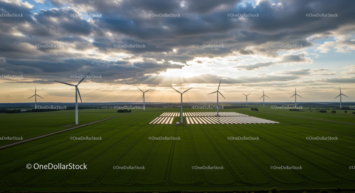 Wind Turbines and Solar Panels in Scenic Green Field