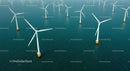 Aerial View of Offshore Wind Turbines in Blue Ocean