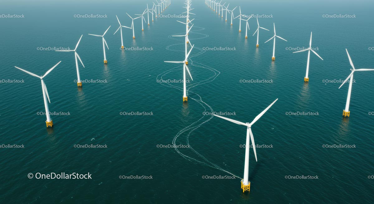 Offshore Wind Farm with Aligned Turbines Over Ocean