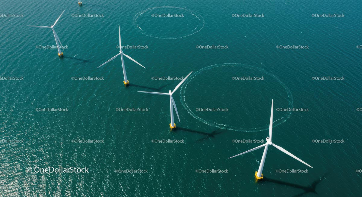 Aerial View of Offshore Wind Turbines in Blue Ocean Waters