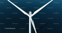 Aerial View of White Wind Turbine Over Blue Ocean