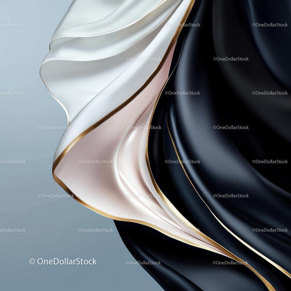 Elegant Black and White Satin Fabric with Gold Trim