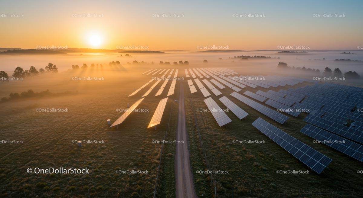 Solar Farm at Sunrise with Foggy Landscape