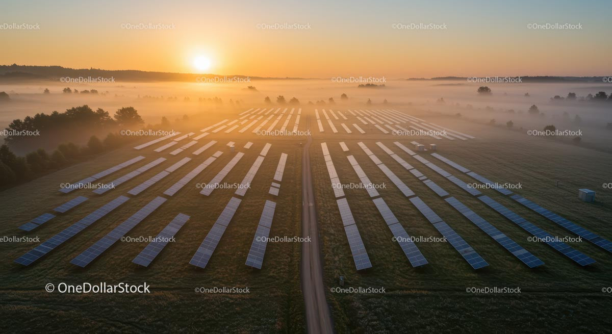 Solar Panel Field at Sunrise with Misty Countryside