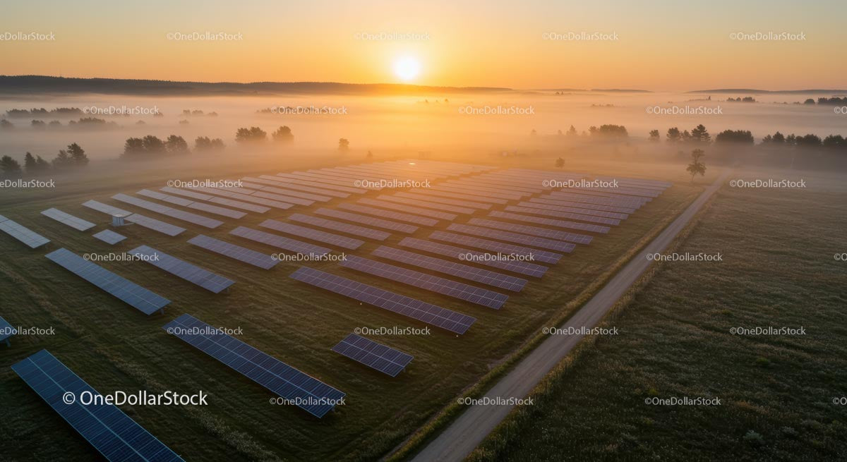 Foggy Sunrise Over Solar Panel Field in Countryside