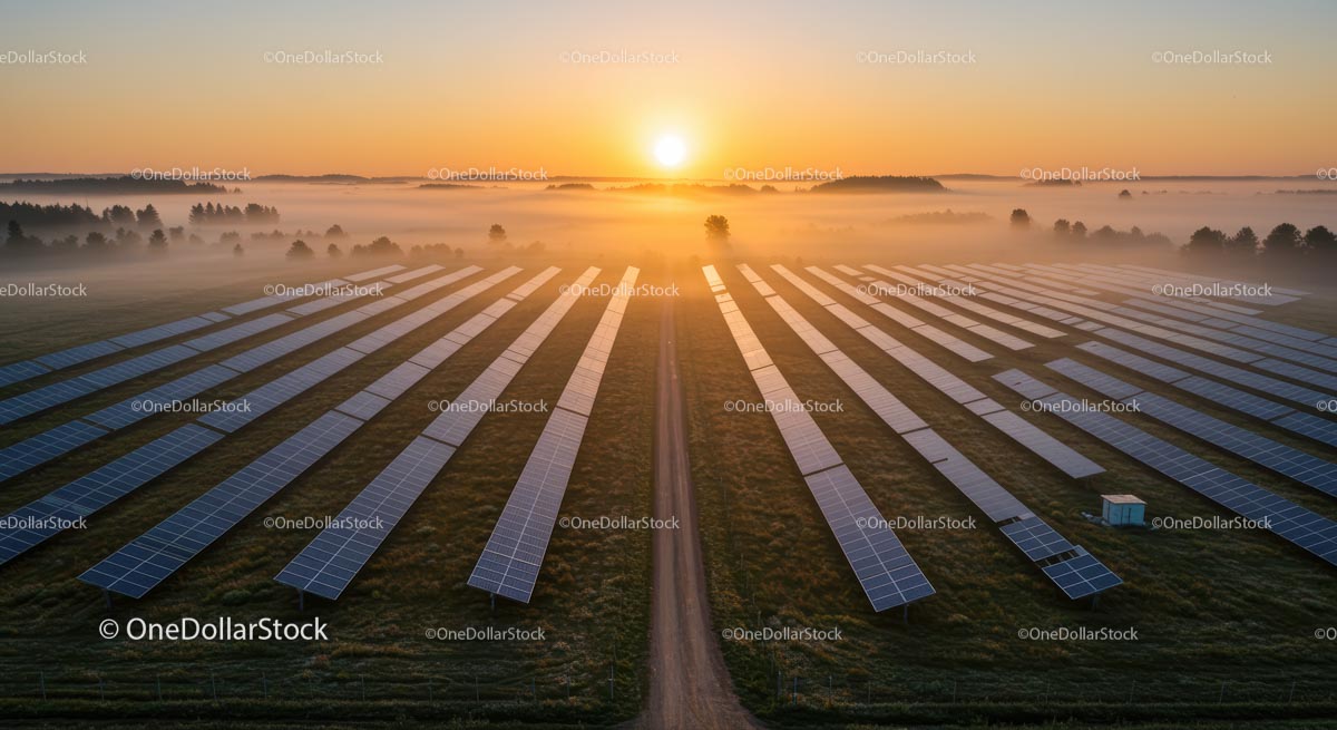Solar Farm at Sunrise with Misty Landscape