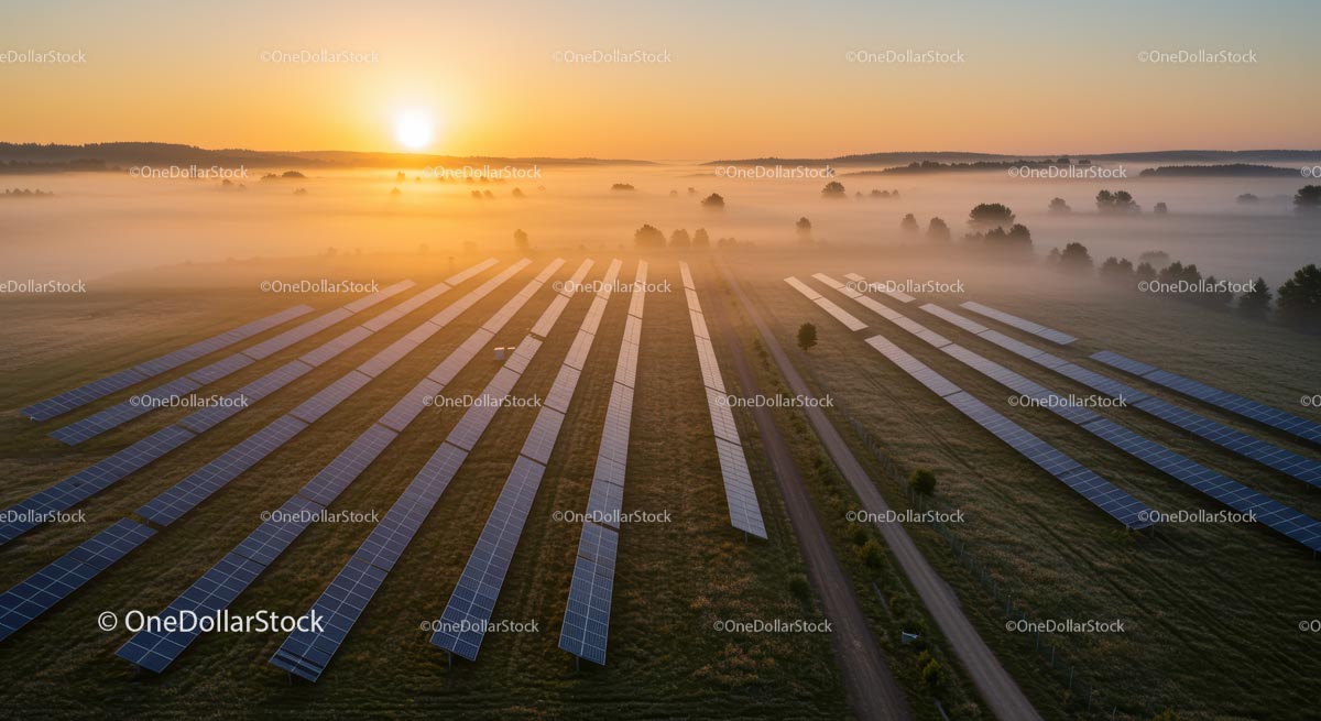 Misty Sunrise Over Solar Panels in a Tranquil Field