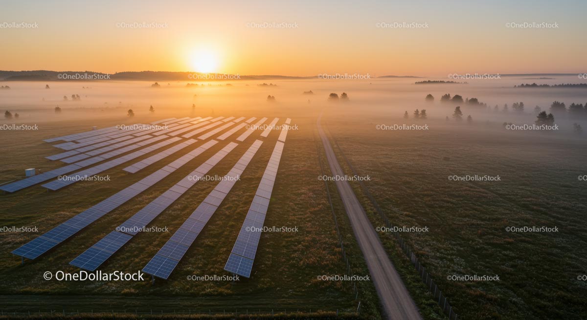 Misty Sunrise Over Solar Farm with Renewable Energy Panels