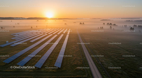 Mglisty wschód słońca nad farmą solarną z panelami energii odnawialnej