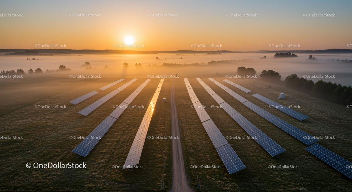 Misty Sunrise Over Solar Panel Array
