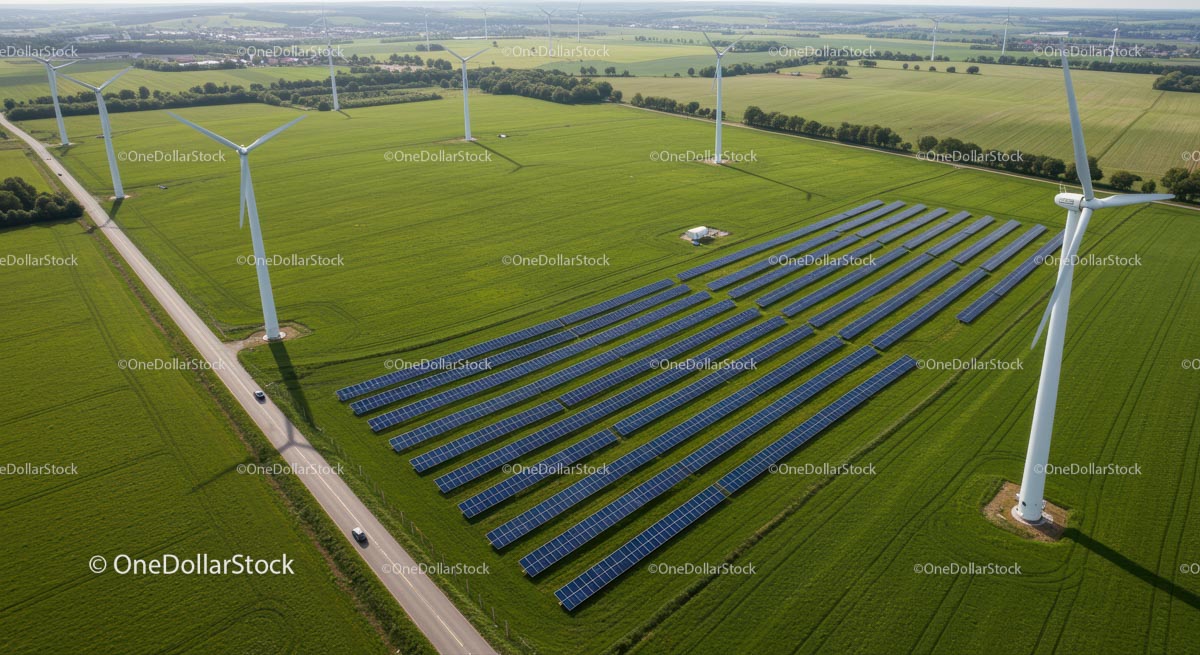 Aerial View of Solar and Wind Farm in Green Countryside