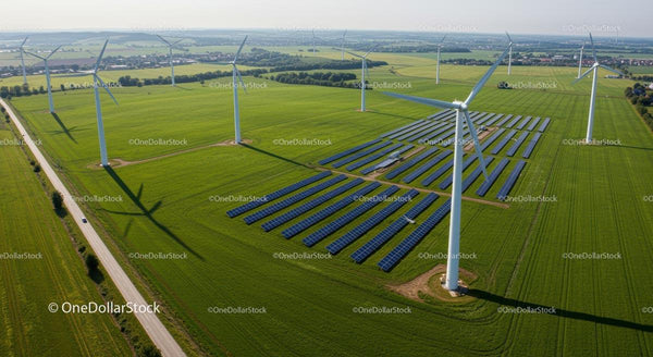 Widok z lotu ptaka na turbiny wiatrowe i panele słoneczne na zielonym polu