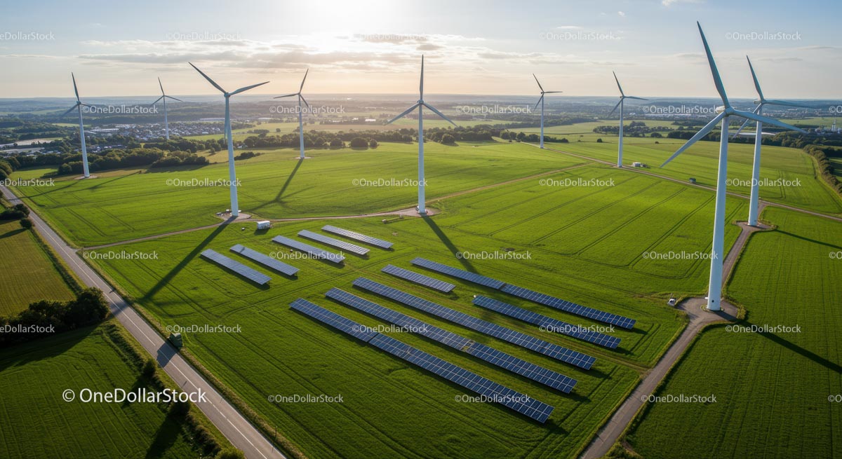 Aerial View of Wind Turbines and Solar Panels in Green Fields