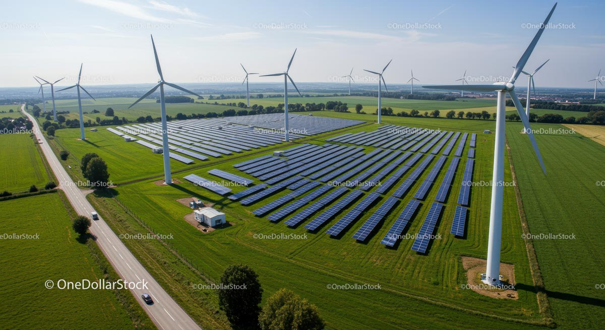Wind Turbines and Solar Panels in a Green Energy Field