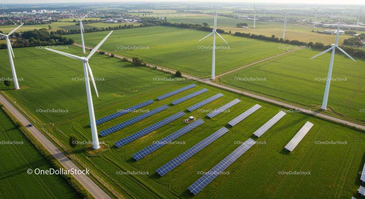 Aerial View of Wind Turbines and Solar Panels in Green Fields