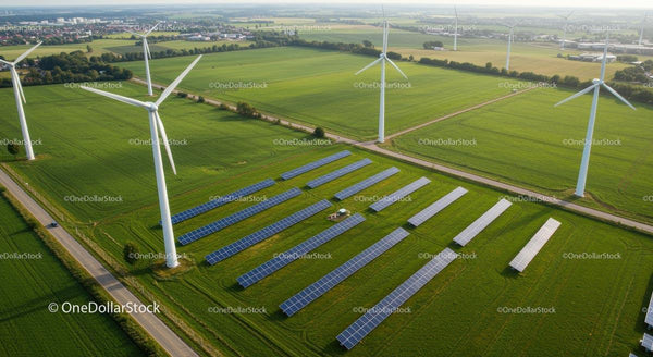 Widok z Lotu Ptaka na Turbiny Wiatrowe i Panele Słoneczne na Zielonych Polach