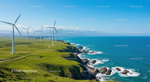 Turbiny wiatrowe na zielonych klifach nad oceanem