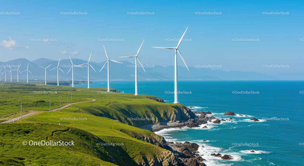 Wind Turbines on Scenic Green Cliff by Ocean Waves