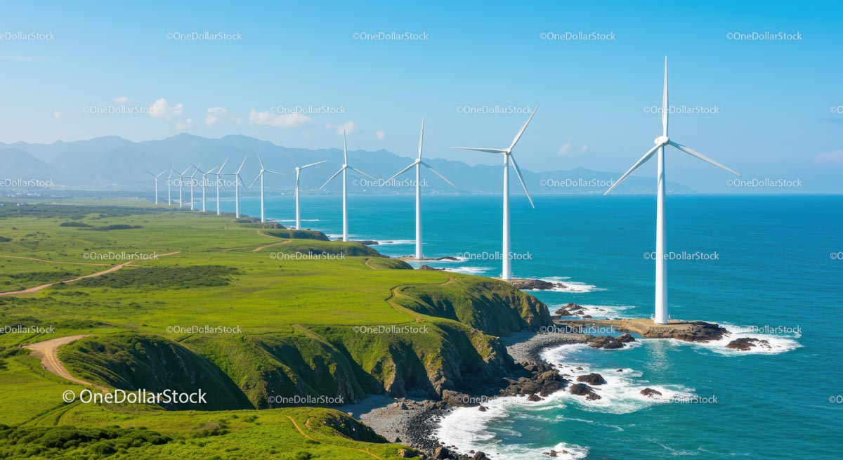 Coastal Wind Farm on Green Cliffs under Blue Sky