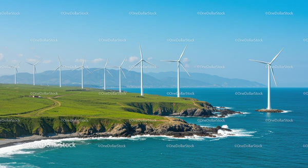 Turbiny wiatrowe na malowniczych nadmorskich klifach pod czystym niebieskim niebem