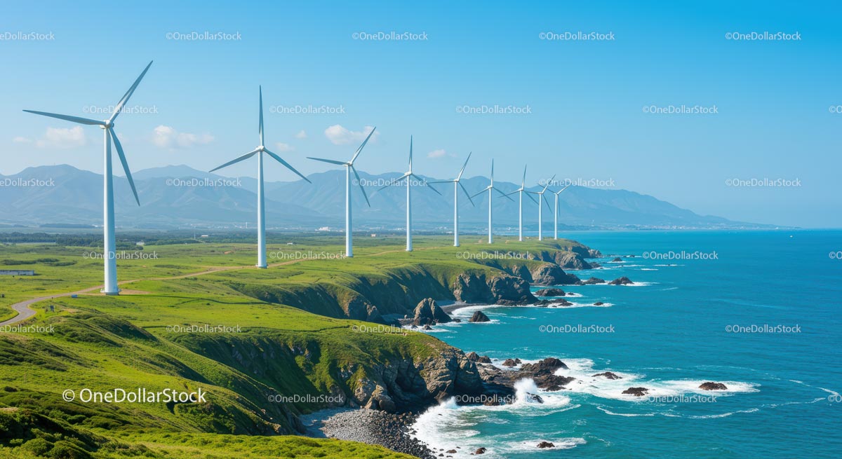 Wind Turbines on a Scenic Coastal Green Landscape