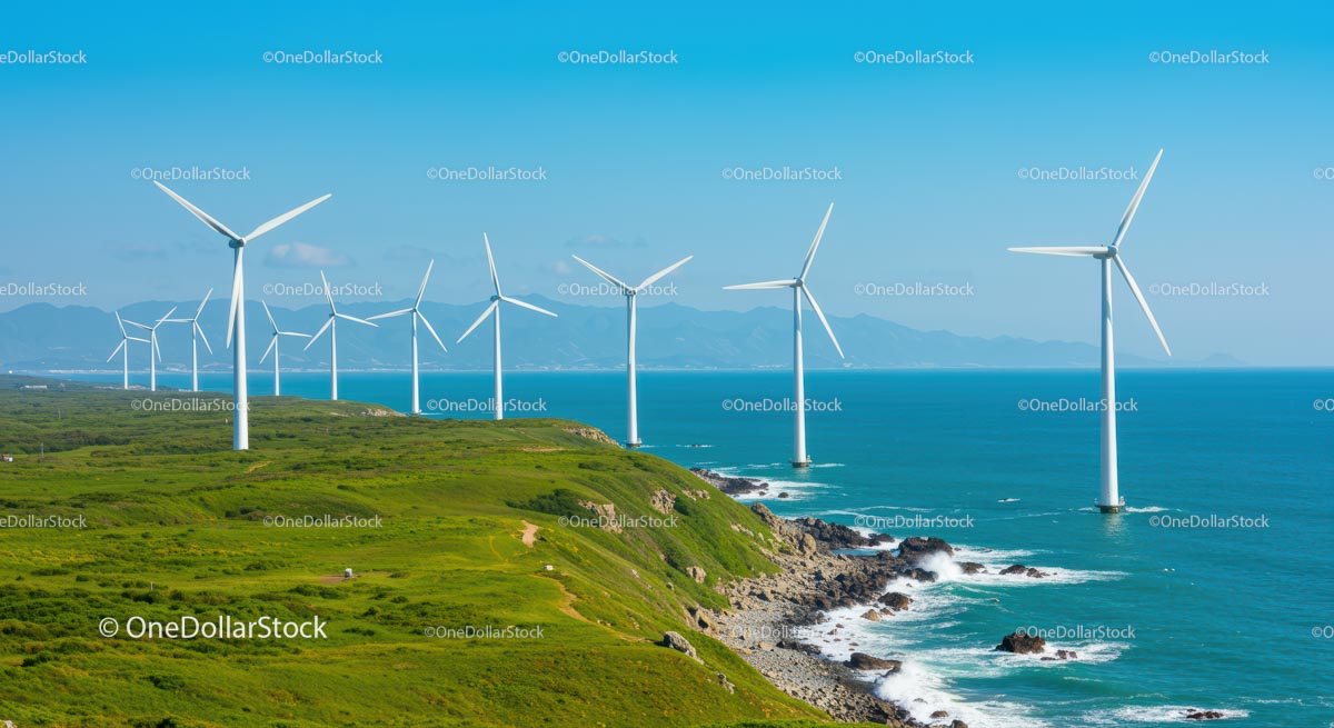 Wind Turbines Lining a Coastal Cliff with Blue Ocean