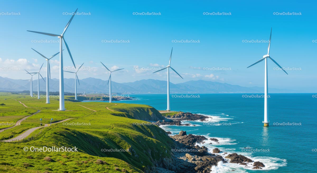 Turbiny wiatrowe na zielonym nadmorskim krajobrazie z widokiem na ocean