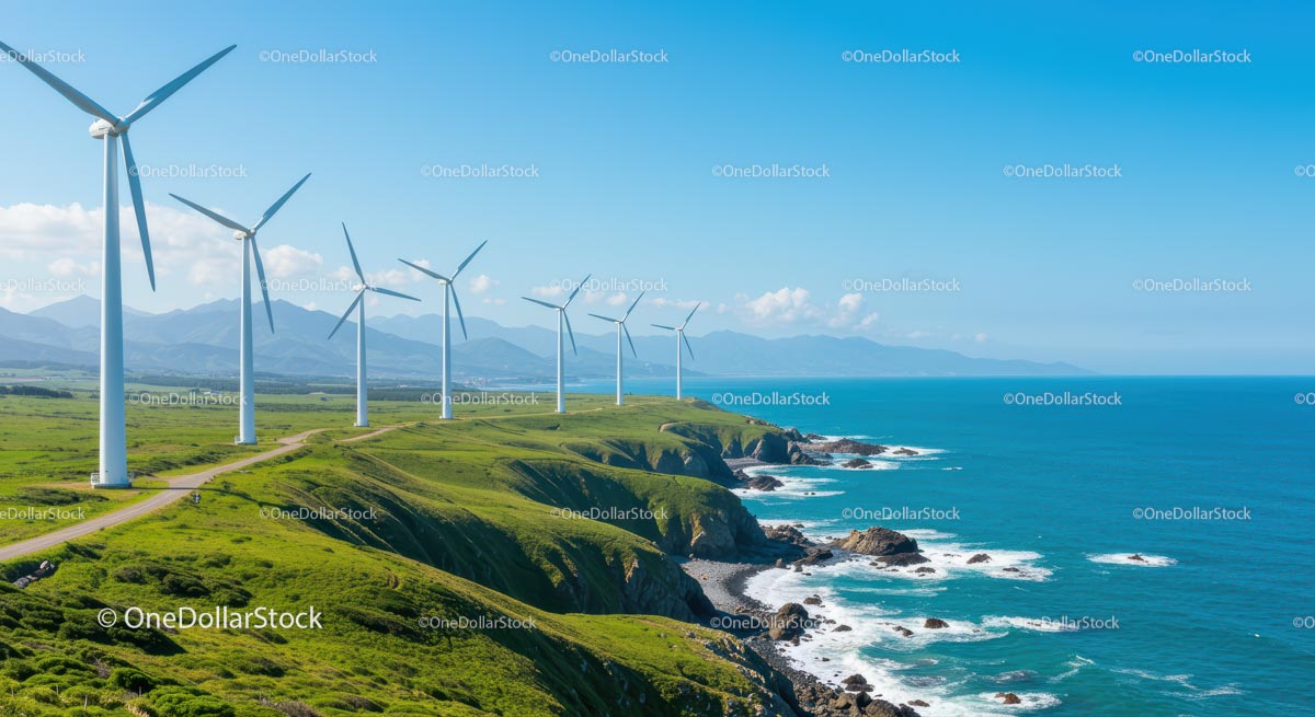 Wind Turbines on Lush Green Hills by the Ocean