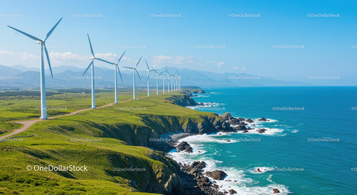 Wind Turbines Along a Scenic Coastal Cliff with Blue Ocean