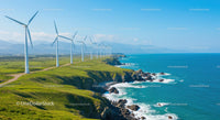 Wind Turbines Along a Scenic Coastal Cliff with Blue Ocean