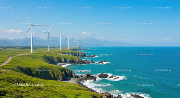 Nadmorska Farma Wiatrowa na Zielonych Wzgórzach pod Błękitnym Niebiem