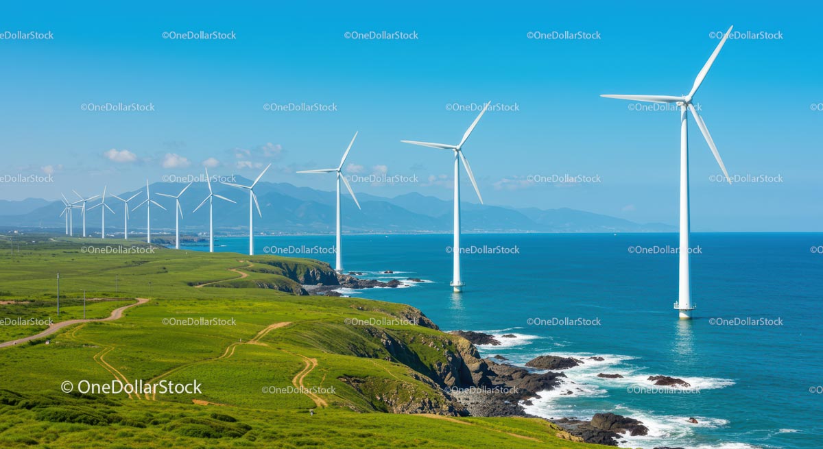 Wind Turbines on a Scenic Coastal Landscape