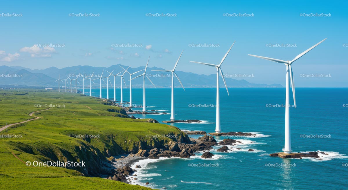 Malownicza nadmorska farma wiatrowa z turbinami i widokiem na ocean