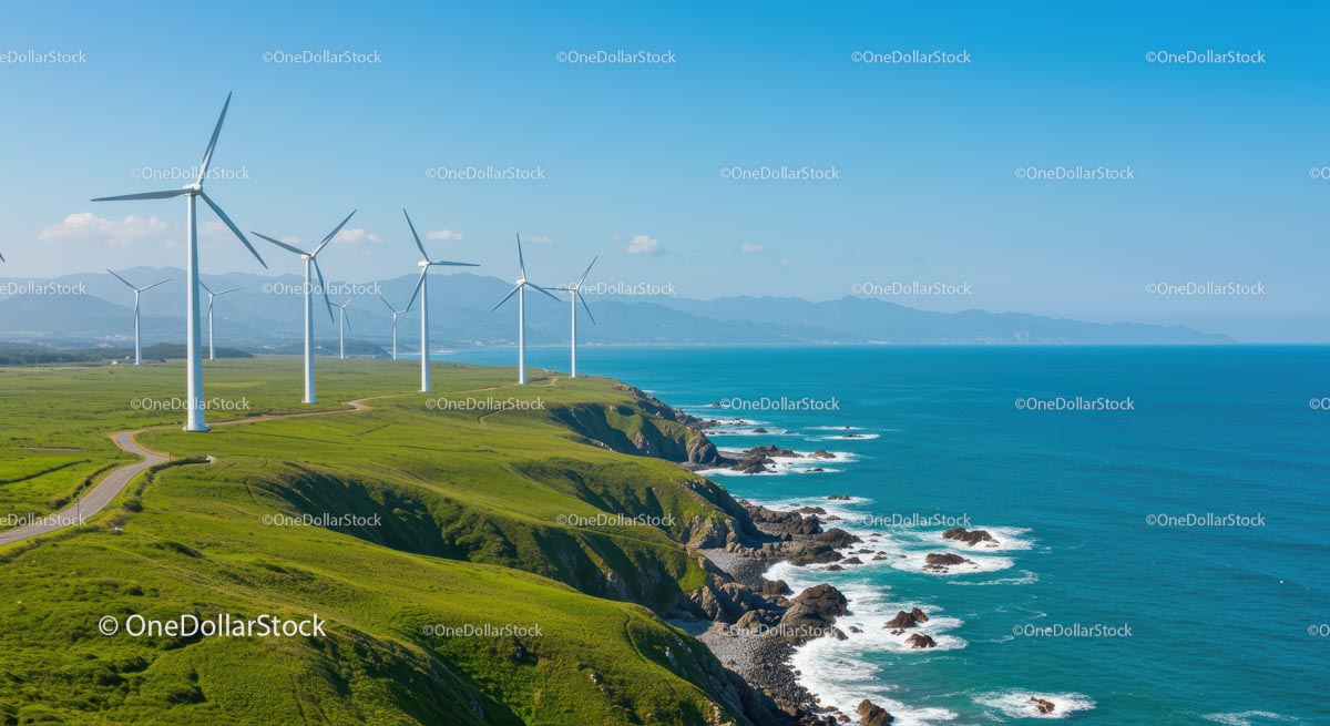 Wind Turbines on a Green Coastal Landscape
