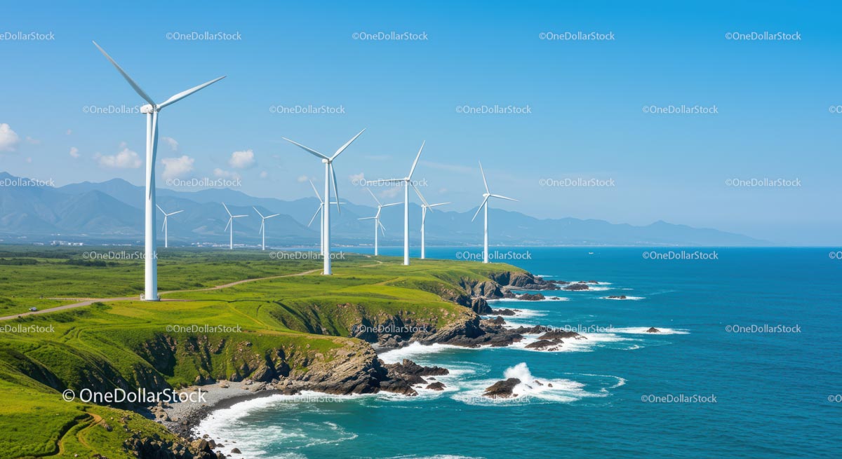 Scenic Coastal Wind Turbines on Green Cliffs