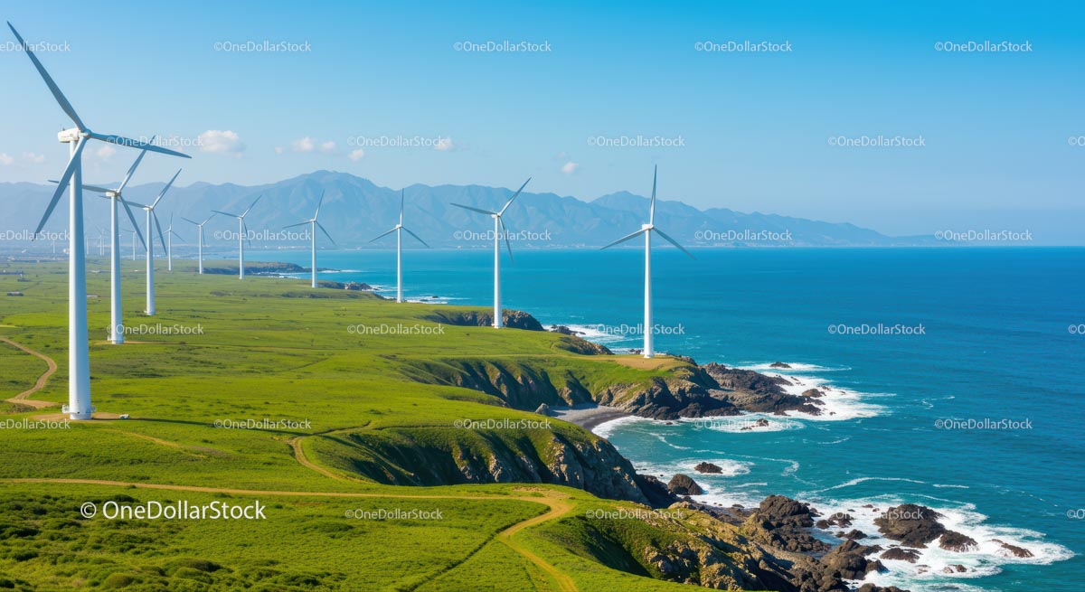 Wind Turbines on Verdant Coastal Landscape with Ocean View
