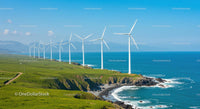 Wind Turbines Overlooking Green Coastline and Blue Ocean