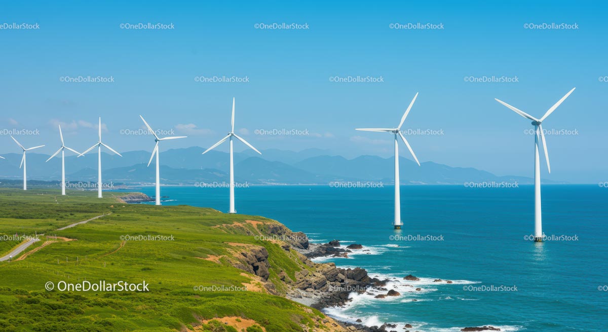 Wind Turbines on a Scenic Coastal Landscape