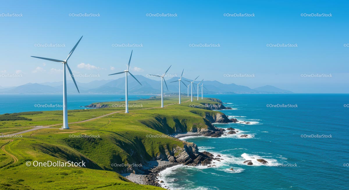 Wind Turbines on Scenic Coastal Landscape with Ocean View