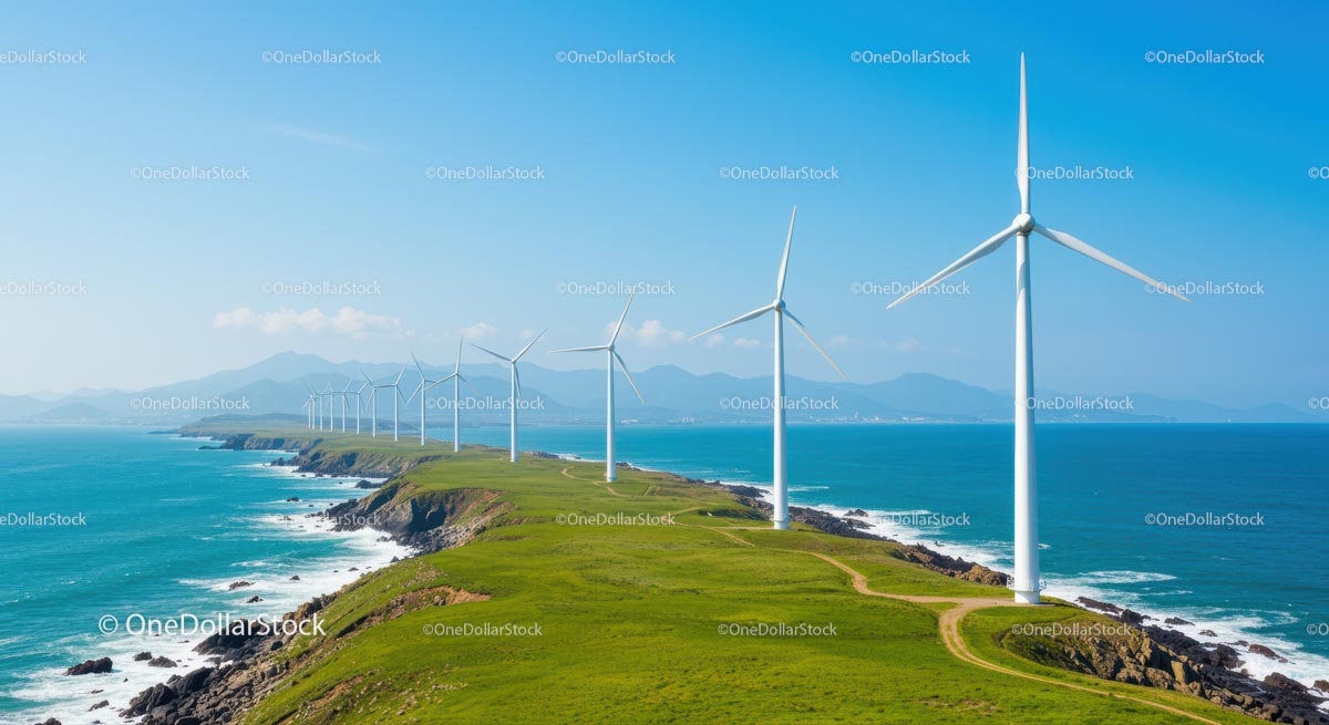 Wind Turbines on Scenic Coastal Cliff Overlooking Ocean