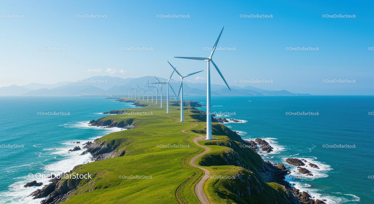 Wind Turbines on Green Coastal Landscape