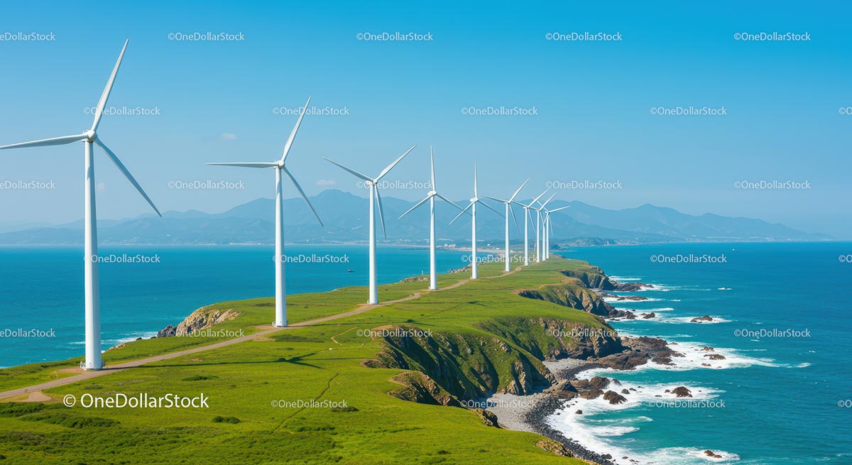 Majestic Wind Turbines Along a Scenic Coastal Landscape