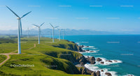 Wind Turbines on Green Coastal Landscape