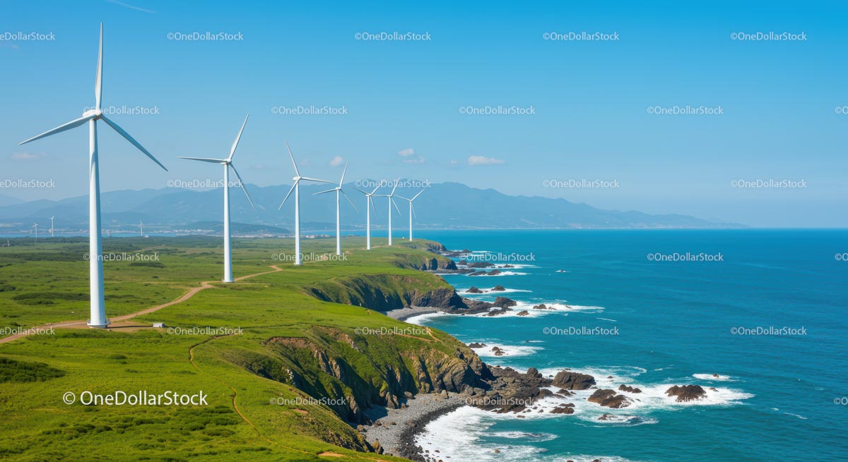 Wind Turbines on Scenic Coastal Cliffs with Ocean View