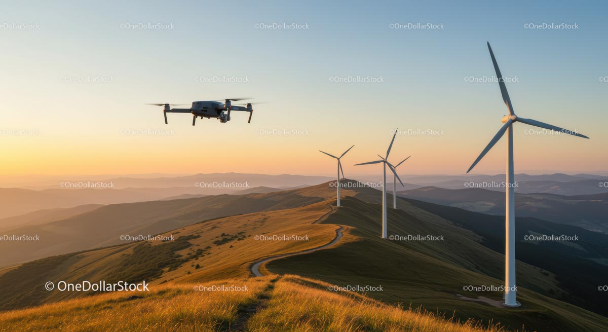 Dron nad malowniczym krajobrazem górskim z turbinami wiatrowymi o zachodzie słońca