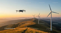 Drone Over Scenic Mountain Landscape with Wind Turbines at Sunset